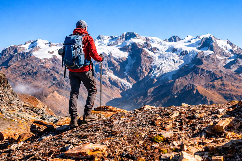 Hiker en Lares Trek frente a picos nevados andinos – Tour Lares y Machupicchu 4 días Royal Adventure Perú