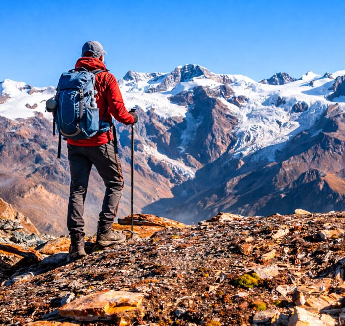 Hiker en Lares Trek frente a picos nevados andinos – Tour Lares y Machupicchu 4 días Royal Adventure Perú