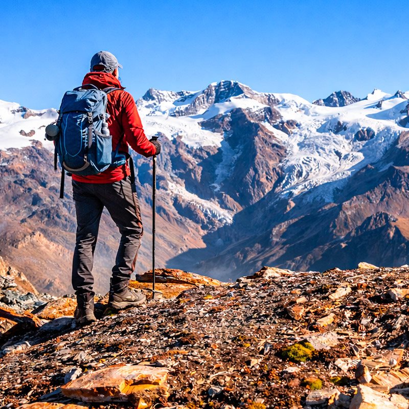 Hiker en Lares Trek frente a picos nevados andinos – Tour Lares y Machupicchu 4 días Royal Adventure Perú