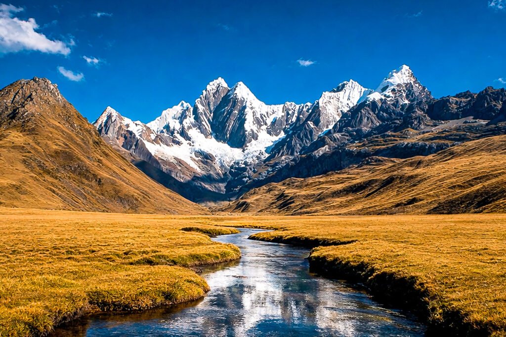 Paisaje andino con río y montañas nevadas en la ruta de Ausangate y Vinicunca en Cusco Perú