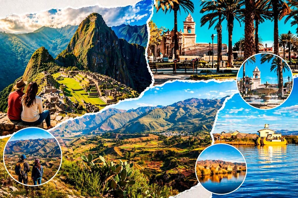 Machu Picchu y Montaña de Colores en Perú con montañas andinas, laguna turquesa y glaciar trekking paisaje natural aventura