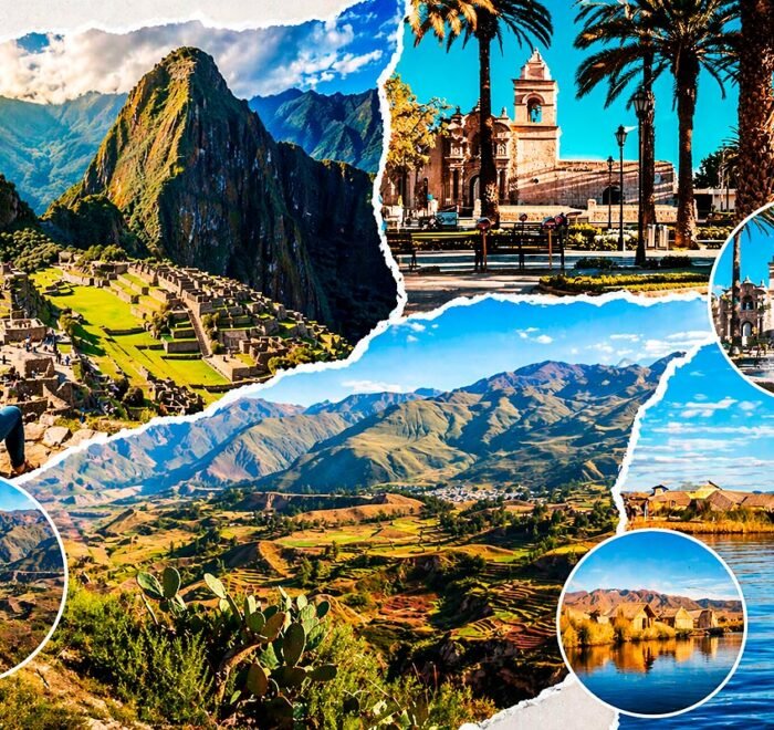 Machu Picchu y Montaña de Colores en Perú con montañas andinas, laguna turquesa y glaciar trekking paisaje natural aventura
