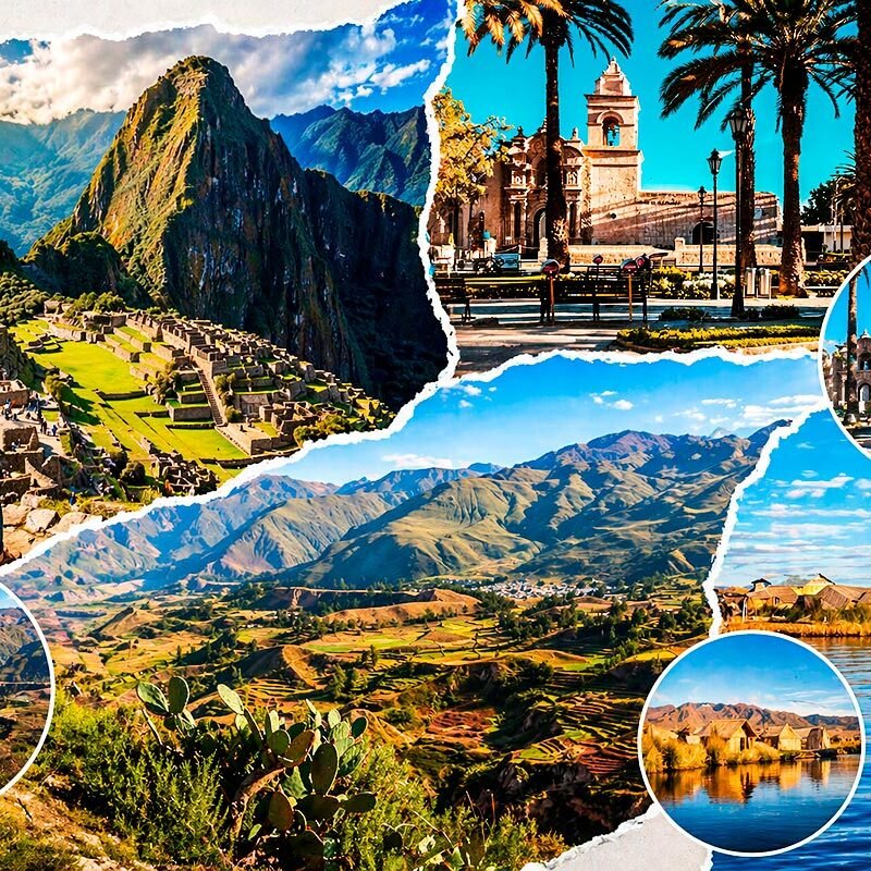 Machu Picchu y Montaña de Colores en Perú con montañas andinas, laguna turquesa y glaciar trekking paisaje natural aventura