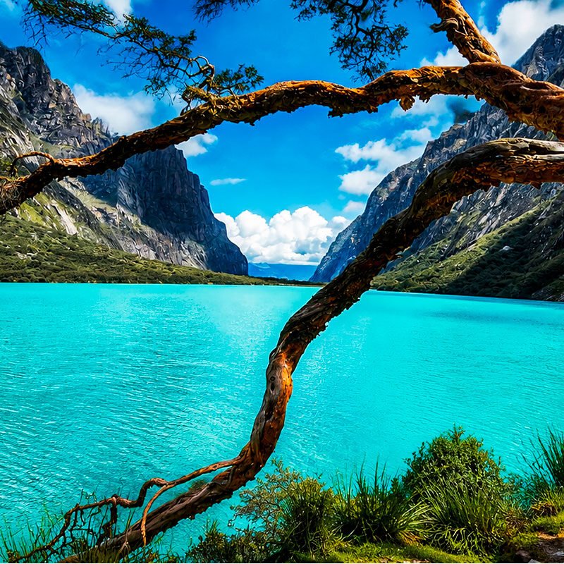 laguna turquesa en huaraz peru paisaje andino montañas lago azul naturaleza aventura trekking cordillera